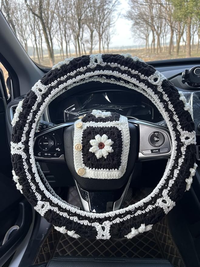 Daisy Crochet Steering Wheel Cover,Cute Seat Belt Cover,Women car Accessories (Black Wheel Cover+2 Belt Cover)