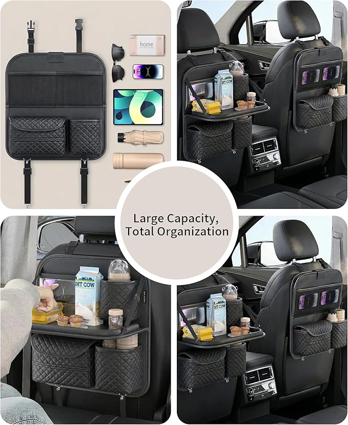 Leather Backseat Car Organizer with Foldable Table Tray & Cup Holder - Car Backseat Organizer for Kids, Women, Road Trip Essentials for SUVs, Trucks and Cars (Black)