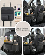 Leather Backseat Car Organizer with Foldable Table Tray & Cup Holder - Car Backseat Organizer for Kids, Women, Road Trip Essentials for SUVs, Trucks and Cars (Black)