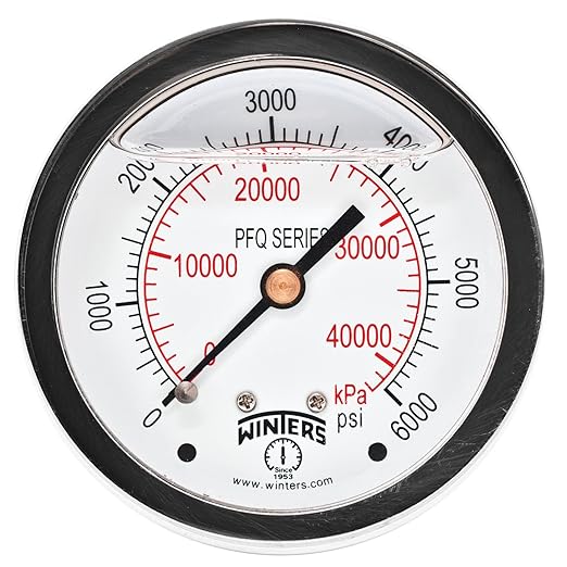 Winters 2-1/2" Dial Size, Liquid Filled Industrial Pressure Gauge, Brass Internals, Stainless Steel Case, Dual Scale 0-6,000 psi/kPa, 1.5% Acc, 1/4" NPT Back Mount, Glycerin Filled Pressure Gauge