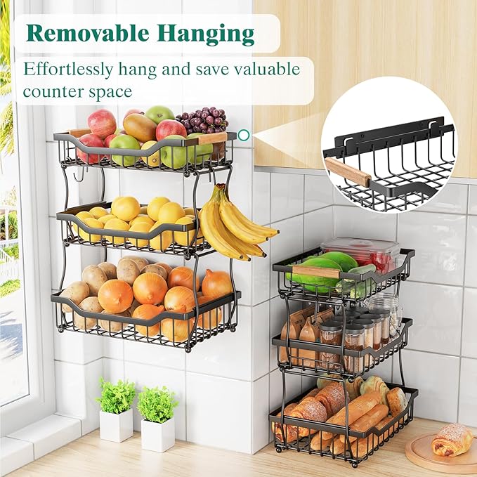 Giwil 3 Tier Countertop Fruit Basket for Kitchen, Vegetable Storage Bread Fruit Bowl Stand with 2 Banana Hooks, Wall Mounted 