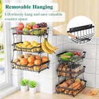 Giwil 3 Tier Countertop Fruit Basket for Kitchen, Vegetable Storage Bread Fruit Bowl Stand with 2 Banana Hooks, Wall Mounted 