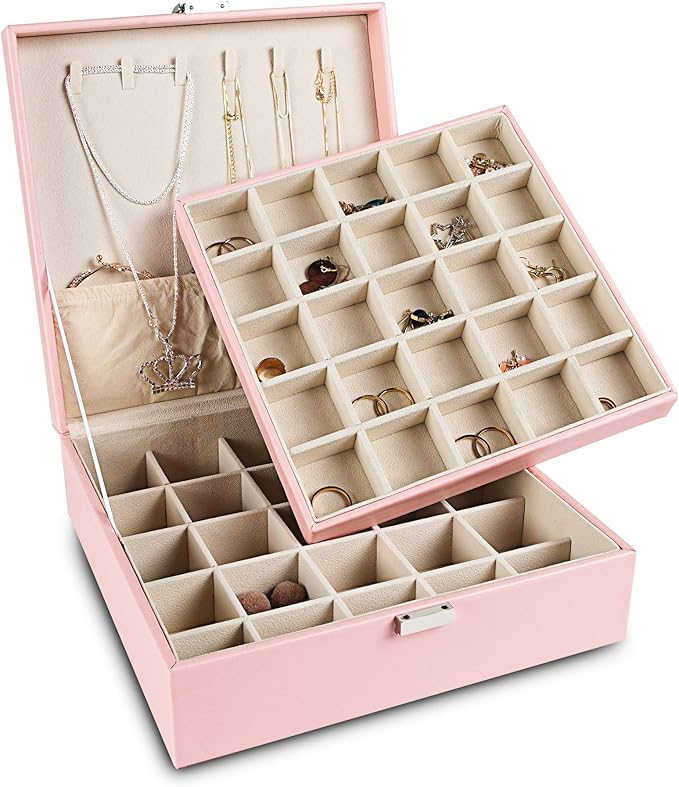 Frebeauty Earring Organizer Classic Jewelry Box 50 Slots Double Layer Jewelry Storage Case with 6 Necklace Hook and Bracelet 