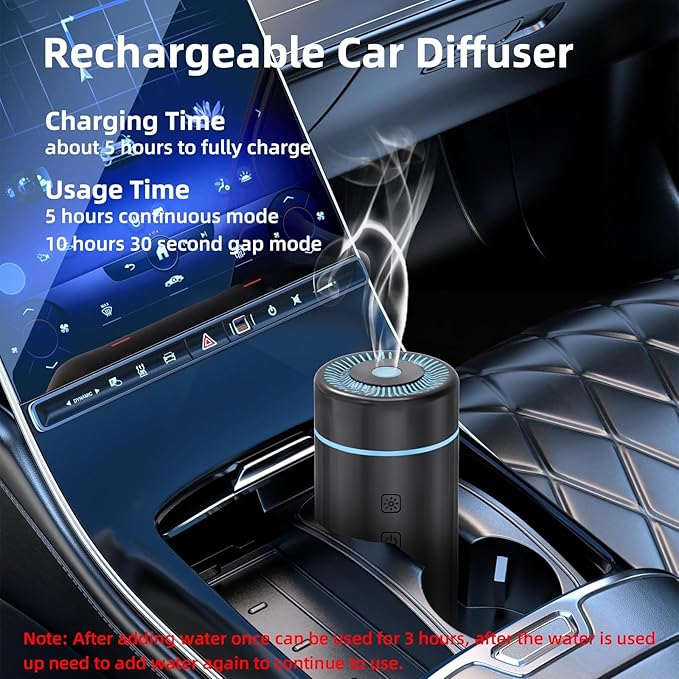100ML Car Diffuser, USB Rechargeable Battery Operated, Powered Cordless Essential Oil Humidifier, 7 LED Color Lights 2 Timer 
