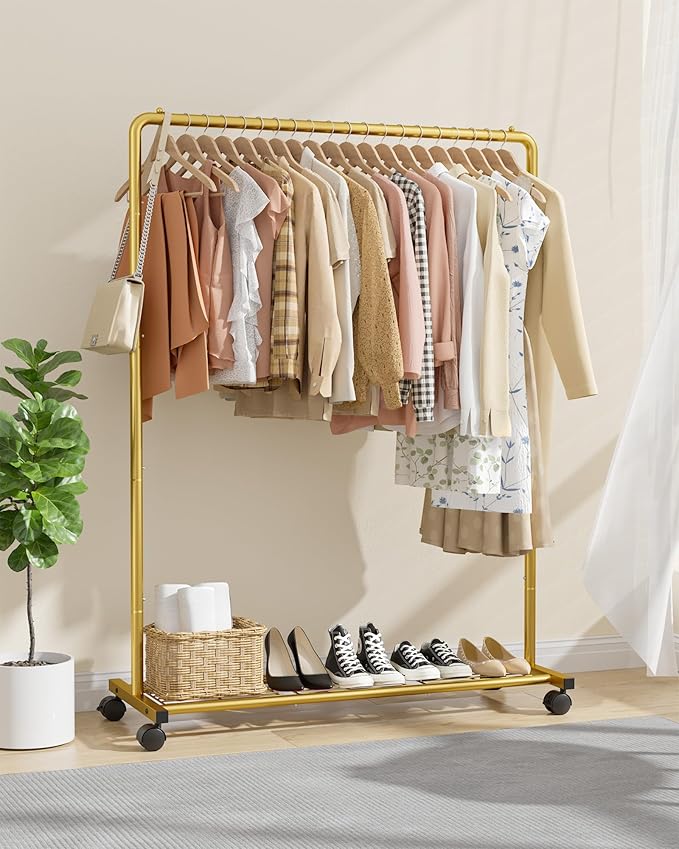 Sakugi Clothes Rack - Clothing Rack with Storage Mesh Shelf & Casters, Heavy-Duty Metal Clothing Rack for Hanging Clothes, Dr