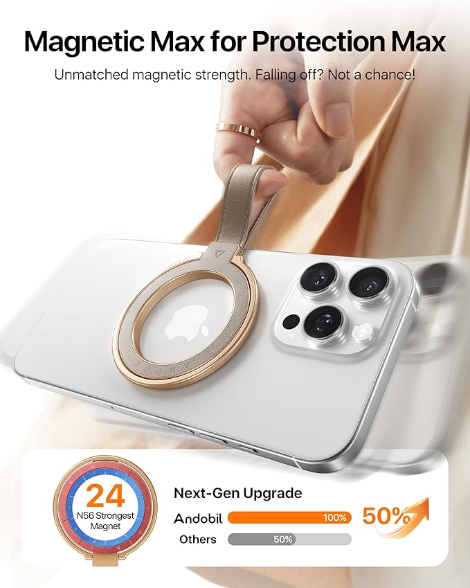 andobil [2026 Premium Leather] Magnetic Phone Grip for MagSafe [Longest Durable] Adjustable Phone Ring Kickstand w/Leather Loop Compatible with MagSafe Accessories&iPhone 17 Air 16 15 Pro Max Greige