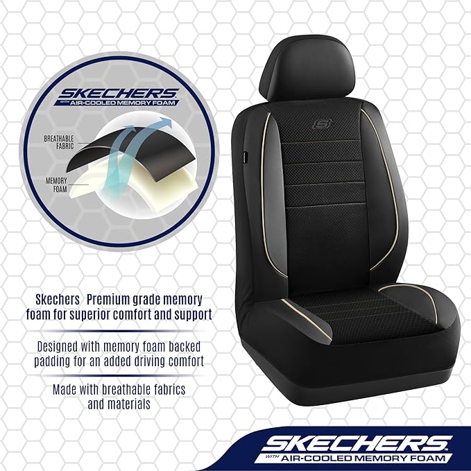 Skechers Air-Cooled Memory Foam Seat Cover, Mesh Thick Car Seat Covers,Piping Leather Car Seat Covers Front Seats, Airbag Com