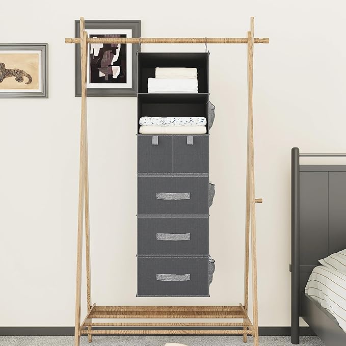 6-Shelves Hanging Closet Organizer with 5 Different Drawers, Foldable Organizers and Storage for Wardrobe, Closet& RV, Clothe