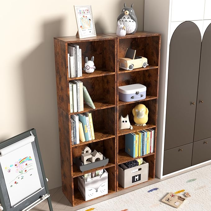 Wooden 5 Cube Storage Organizer, Vintage Brown 5 Tier Bookcase Bookshelf Freestanding Storage Display Organizer,Versatile Cub