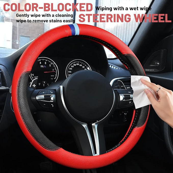 Cxtiy Steering Wheel Cover for BMW X1 X2 X3 X4 X5 X6 330i 530i 740i iX1 iX3 i4 i5 M3 M5 (Red, Standardized(14.5'-15'))