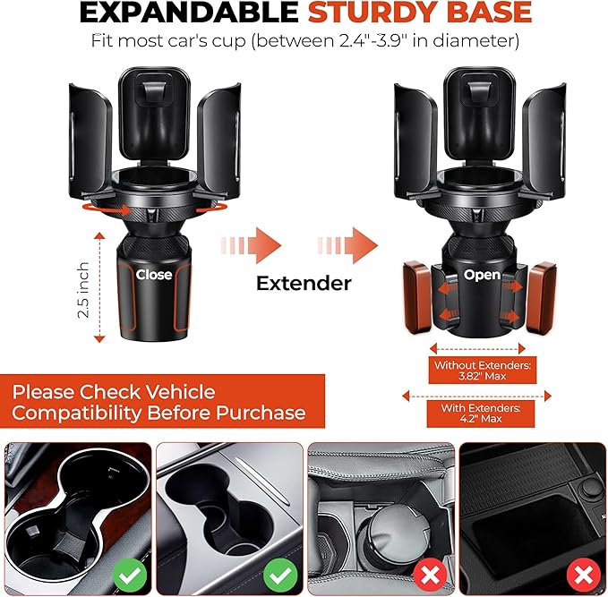 2024 Upgraded 2-in-1 Car Cup Holder Expander Adapter with Expandable Arm and Adjustable Base, 360° Rotation, Compatible with 