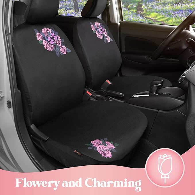 BDK Pink Butterfly & Flowers Car Seat Covers, Cute Car Accessories for Women Front Seat Covers for Car Fits Most Cars Trucks 