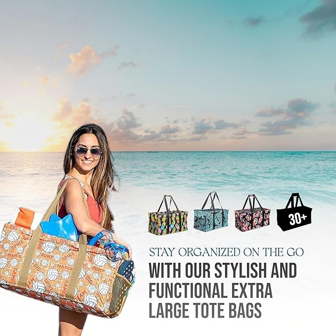 Extra Large Utility Tote Bag, Oversized Collapsible Reusable Wire Frame Rectangular Canvas Basket With Two Exterior Pockets For Beach, Pool, Laundry, Car Trunk, Storage - Cactus White