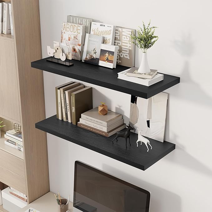 Dreamland 36" Floating Shelves for Wall, 12" Deep Slim Black Floating Shelves, Wall-Mounted Shelves for Bedroom, Living Room,