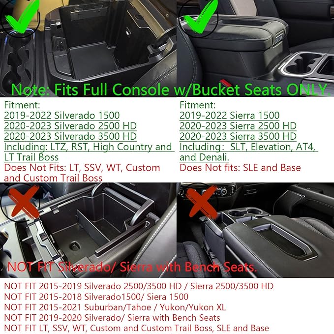 Full Size Center Console Organizer Tray Compatible with 2019-2022 Chevy Silverado/GMC Sierra 1500 and 2020-2022 2023 Silverado/Sierra 2500HD 3500HD Accessories -Full Console w/Bucket Seats ONLY, Black