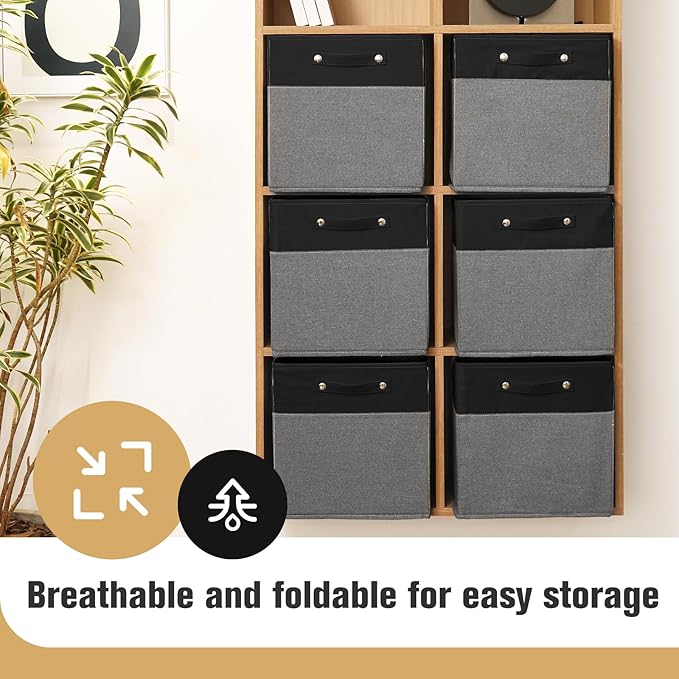 FinishingBo 13 x 13 Inch Fine Linen Storage Bins with Handles，Fabric Cube Boxs，Basket Organizers for Shelves for Home, Closet
