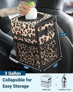 Capolo Car Trash Can with Lid, Leakproof Car Trash Bag Hanging Waterproof Automotive Garbage Can with Storage Pockets Mini Vehicle Trash Bin for Back/Front Seat(Leopard,3 Gallon)