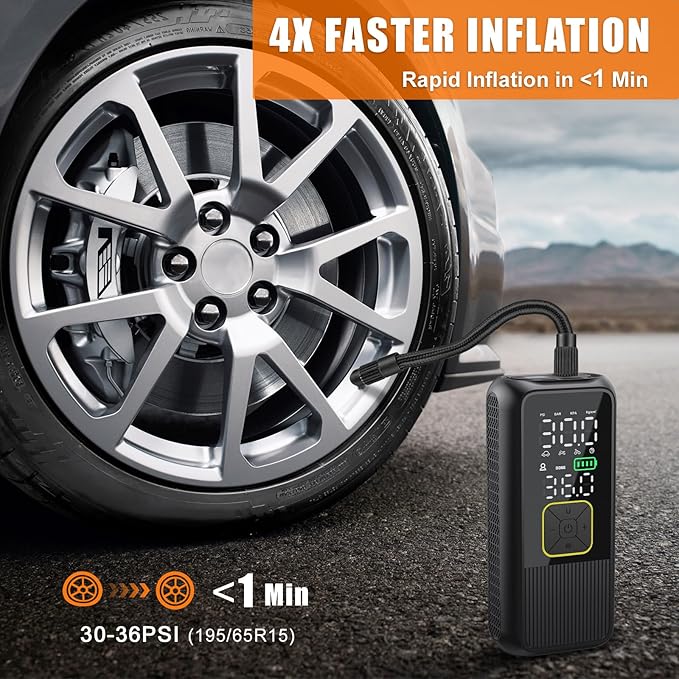 Tire Inflator Portable Air Compressor, 4X Faster 150PSI Smart Air Pump for Car Tires with Digital Pressure Gauge, Portable Fast Tire Inflator for Car, Bike, Motorcycle, Balls