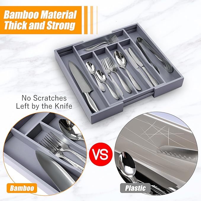Kitchen Silverware Drawer Organizer and Storage Bamboo Wood Cooking Utensil Holder Cutlery Knife Jewelry Spice Rack Spoon For