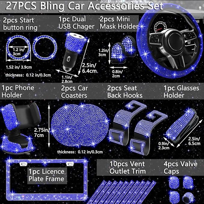NBTEPEM 27 PCs Blue Bling Car Accessories Set for Women, Steering Wheel Covers Universal Fit 15 Inch, Bling License Plate Frame, Bling Phone Holder, Bling Car Coasters (Blue Diamond)