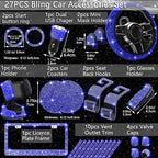 NBTEPEM 27 PCs Blue Bling Car Accessories Set for Women, Steering Wheel Covers Universal Fit 15 Inch, Bling License Plate Frame, Bling Phone Holder, Bling Car Coasters (Blue Diamond)