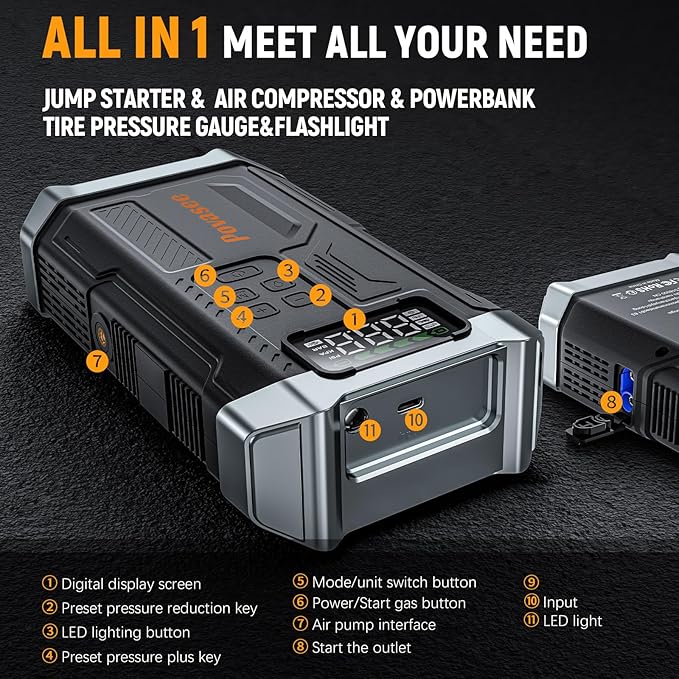 [2026NEW Model] 5000A Jump Starter with Air Compressor,Car Jumper Starter Portable with 150PSI Tire Inflator 12V Jump Box