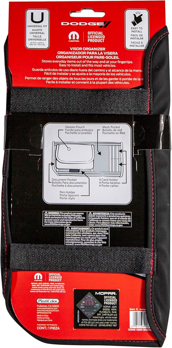 Plasticolor 006193R01 Dodge Logo Car Truck or SUV Sun Visor Organizer, Auto Interior Pocket Organizer, Registration Document Holder, Sunglass Storage Pouch Organizer