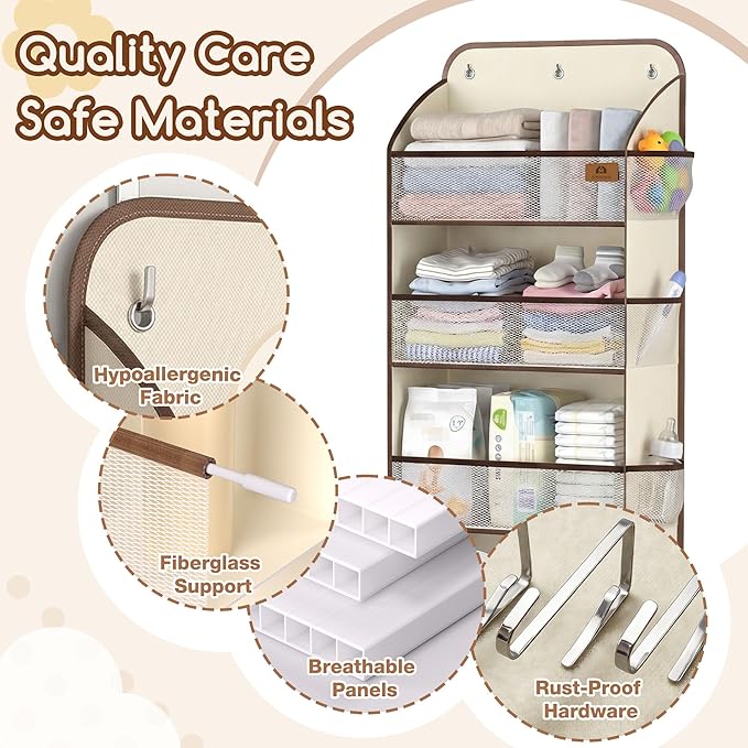 Baby Nursery Over The Door Organizer – 5-Tier 10 Pocket Hanging Storage with Removable Diaper Caddy & 3 Sturdy Hooks, 55LBS C