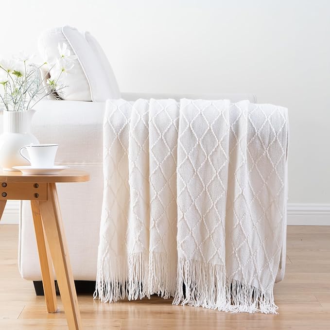 BATTILO HOME Cream Throw Blanket for Couch, Boho Bedroom Decor Throws, Decorative White Throw for Sofa Living Room, 50"x60"