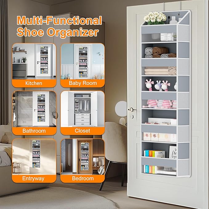 Over The Door Organizer - Over Door Storage Organizer with 5 Large Pockets & 10 Mesh Side Compartments - Heavy-Duty Hanging S