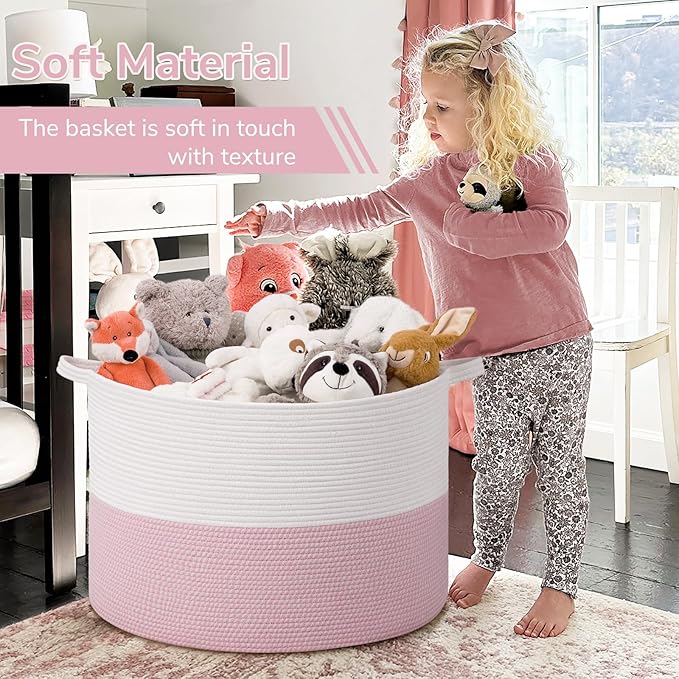 INDRESSME 115L Extra Large Pink Laundry Basket for Nursery Stuffed Animal Storage, Blanket Rope Baby Baskets Kids Toy Organiz