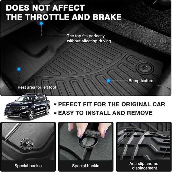 Powerty Floor Mats for 2021-2025 2026 Kia Sorento (Non-Hybrid) Accessories All Weather Floor Liner 3D TPE 1st & 2nd Row Floor Mat Heavy-Duty Floor Liners