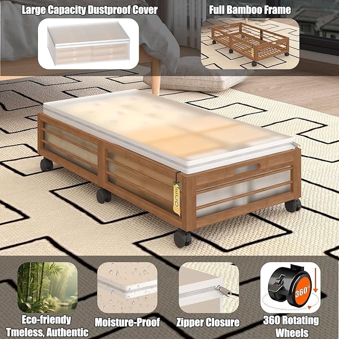 Bamboo Underbed Storage Containers with Wheels & Bag 2 Pack, Large Under Bed Rolling Storage Bins Wood Under Bed Clothes Stor