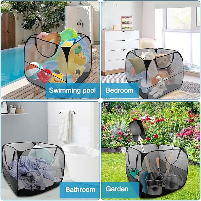 Pop up Pool Toy Storage Bin,32"X32"X30"Pool Float Organizer Bag with 2 Side Pockets Mesh Swimming Pool Toys Organizer with 4 