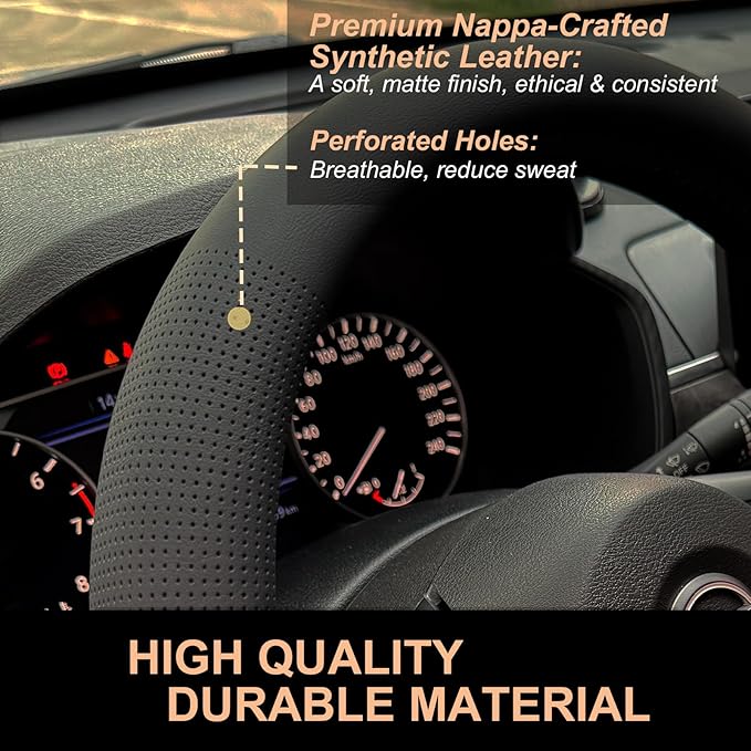 PINCTROT D Shaped Nappa Leather Steering Wheel Cover, Slim Fit No Bulk Design, One Piece Leather with Breathable Perforation,