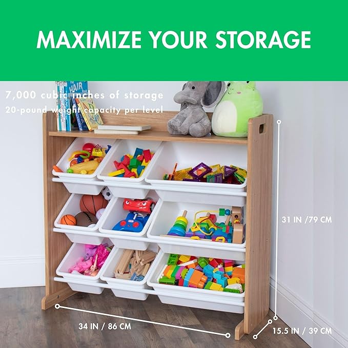 Humble Crew Toy Storage Organizer with Top Shelf and 9 Removable Bins, Natural/White – Toddler Bookshelf with Toy Organizer -