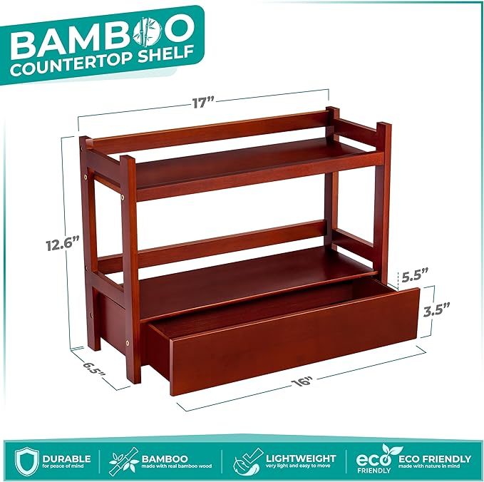 Sorbus Bamboo Bathroom Counter Organizer – 2-Tier Shelf with Hidden Drawer for Vanity, Matcha Station, Bathroom Sink Organize