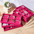 Junkin 12 Pcs Jewelry Tray Velvet Stackable Jewelry Organizer Trays Divided Earring Accessories Storage Containers Box (Rose 
