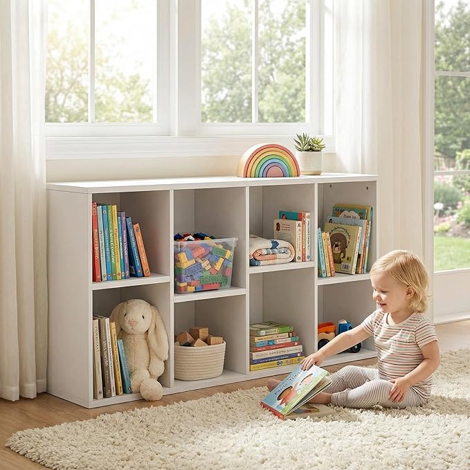 YESHOMY 8-Cube Storage Organizer, 2-Tier White Bookshelf Open Frame, Modern Bookcase Display Shelf with Adjustable Shelves fo