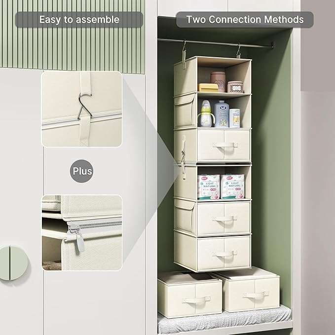 Vailando 6-Shelf Hanging Closet Organizer with 3 Drawers, 2 Separable 3-Shelf Closet Organizers and Storage for Wardrobe Orga