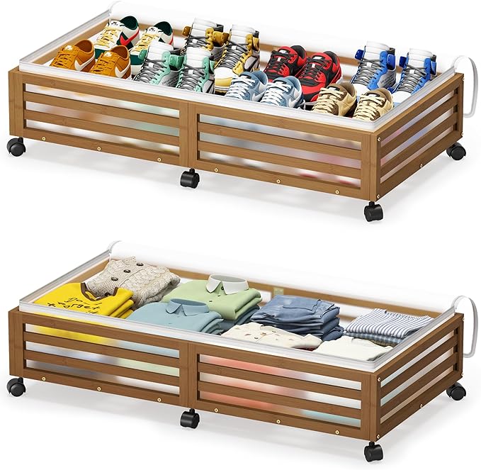 Under Bed Storage Containers With Wheels - 2 Pcs Large Bamboo Wood Rolling Underbed Shoe Storage Bins With Dust Bags for Clot