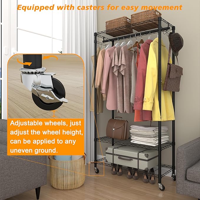 Rolling Portable Garment Rack,Freestanding Clothes Racks, Portable Closet Wardrobe with 3 Adjustable Wire shelves,2 Side Hook