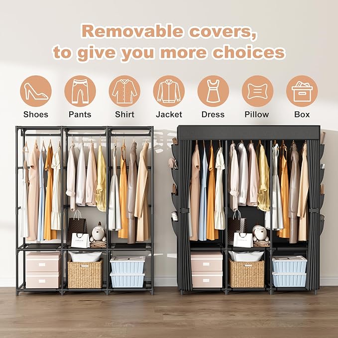 Wardrobe Closet Portable Closets for Hanging Clothes Large Capacity Clothes Rack with Cover, 3 Hanging Rods, 6 Shelves and 8 