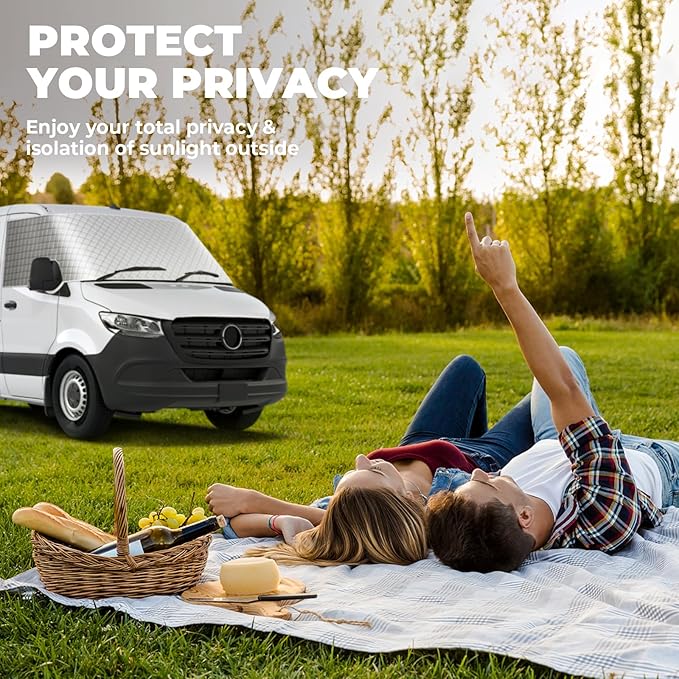 BougeRV RV Windshield Window Snow Cover for Class B Dodge Mercedes Sprinter (2006-2015) for Front Window Sunshade Accessories with Mirror Cutouts, Silver