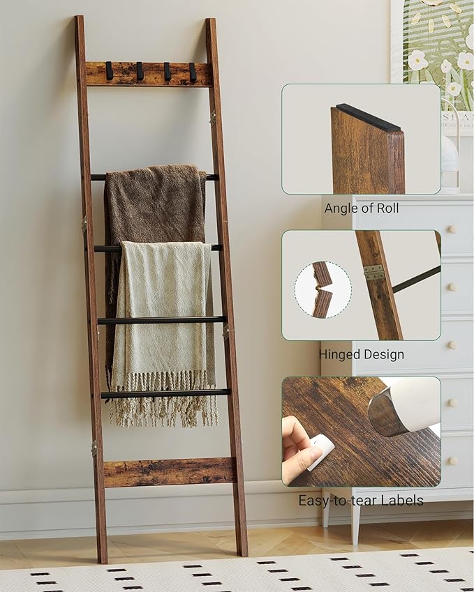 Hzuaneri Blanket Ladder for Living Room, Decorative Quilt Rack with 4 Removable Hooks, 5-Tier Farmhouse Ladder Holder Shelf O