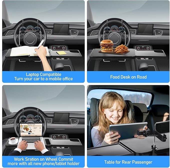 Large Car Steering Wheel Tray Back Seat Headrest Steering Wheel with Phone Holder Desk Food Table for Eating Food Drink and Writing Work, Car Desk Laptop Mount Gifts for Truck Driver(2 in 1)