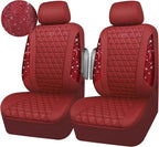 CAR PASS Bling Diamond Burgundy Leather Car Seat Covers for 2 Front Seats Protector, Waterproof Shining Glitter Sparkly Cryst