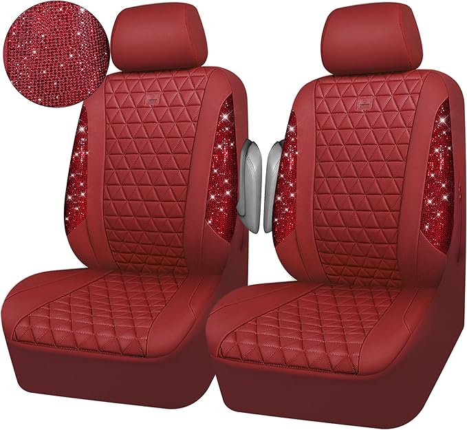 CAR PASS Bling Diamond Burgundy Leather Car Seat Covers for 2 Front Seats Protector, Waterproof Shining Glitter Sparkly Cryst