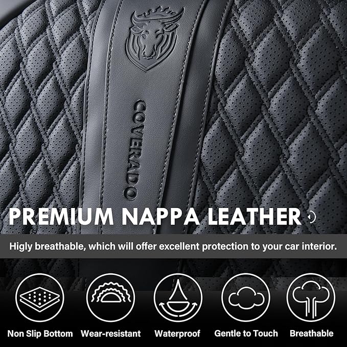 Coverado Front Seat Covers, Car Seat Covers Front Seats, Nappa Leather Seat Covers for Cars, Waterproof Seat Covers with Lumb
