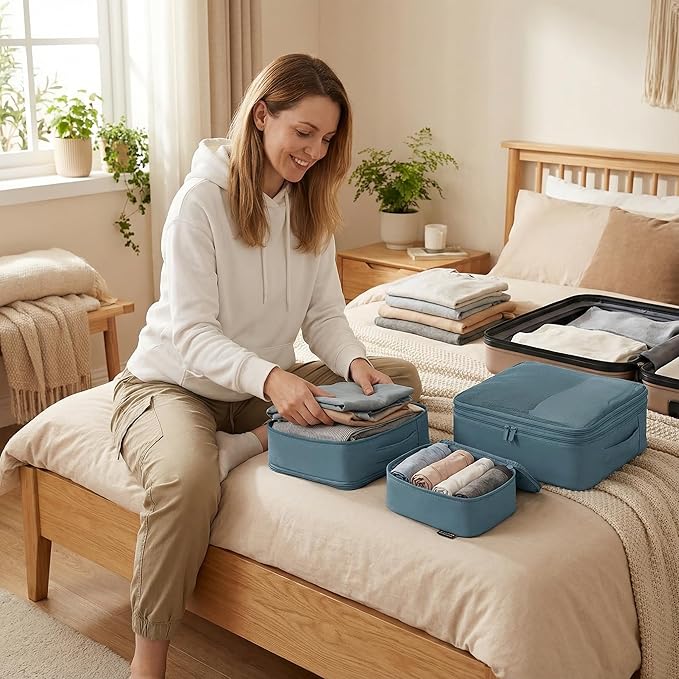 4 Piece Compression Packing Cubes for 3–7 Day Travel, Lightweight Travel Organizers with Breathable Mesh, Double-Zipper Packi